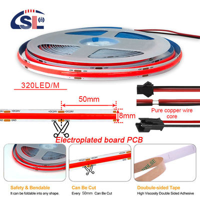 Alta luminosità COB LED Strip Light CE RoHs IP20 Ra90 8mm Larghezza 12V 24V 320Leds Rosa