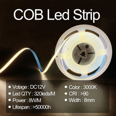 8mm Larghezza 12V 24V 3000K Calda COB LED Strip Light CE RoHs IP20 con 50000 ore di durata