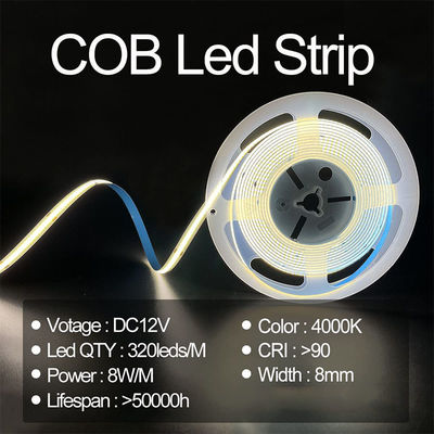 Alta luminosità COB LED Strip Light CE RoHs IP20 8mm Larghezza 12V 24V 4000K Natura Strip di illuminazione
