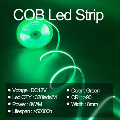 Lumiere a strisce verde e flessibile impermeabile COB LED CE RoHs IP20 Ra90 8mm Larghezza 12V24V 320Leds