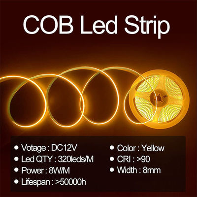 Hotel House COB LED Strip Light CE RoHs IP20 Ra90 8mm Larghezza 12V 24V Giallo dorato