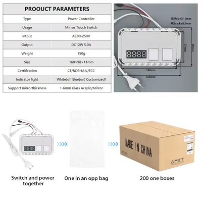 DC12V 5A 60W Sensore tocco monocolore Commutatore LED Specchio tocco con display di temperatura del tempo